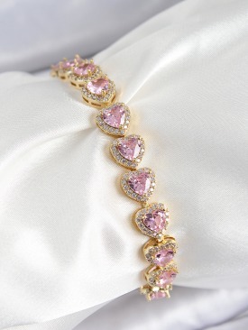 Erb Pirinç Zirkon Taşlı Pembe Kalp Baget Model Gold Renk VIP Seri Kadın Bileklik