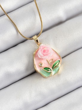 Erb 316L Çelik Zincir Zirkon Taşlı Pembe Sanatsal Portre Gül Figürlü Beşgen Model Gold Renk Kadın Kolye