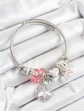 Erb 316L Çelik Pembe Zirkon Taşlı Baykuş Arı Ve Anahtar Model Gümüş Renk Charm Bileklik