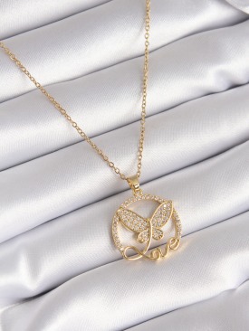 Erb 316L Çelik Gold Renk Zirkon Taşlı Kelebek Love Model Kadın Kolye