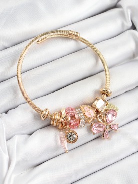 Erb 316L Çelik Pembe Zirkon Taşlı Kelebek Model Gold Renk Charm Bileklik