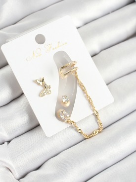Erb Pirinç Kelebek Figürlü Zirkon Taşlı Gold Renk 3\'lü Kıkırdak Kadın Küpe Set