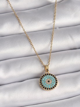 Erb 316L Çelik Gold Renk Zincir Zirkon Taşlı Nazar Boncuk Madalyon Model Kadın Kolye
