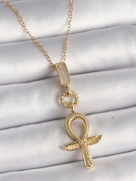 Erb 316L Çelik Gold Renk Zincir Zirkon Taşlı Ankh Model Kadın Kolye