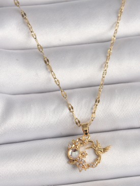 Erb 316L Çelik Gold Renk Zincir Zirkon Taşlı Sinek Kuşu Figür Çiçek Figür Kadın Kolye