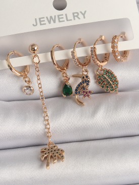 Erb Pirinç Gold Renk Sallantı Zirkon Taşlı Ağaç Figür Kadın Küpe Seti