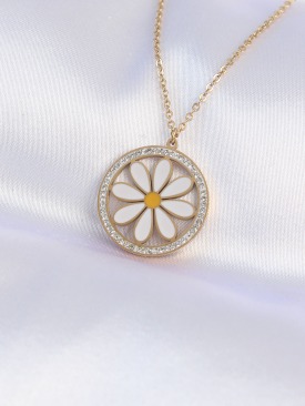 Erb 316L Çelik Zincir Gold Renk Oval Zirkon Taşlı İçi Papatya Kolye