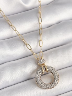 Erb Pirinç Gold Renk Zirkon Taşlı Madalyon Model Kadın Kolye