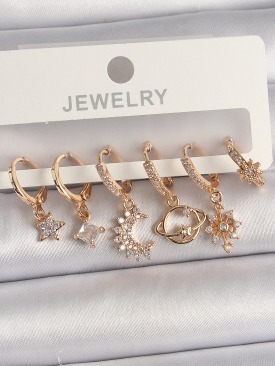Erb Pirinç Gold Renk Zirkon Taşlı Gezegen Model Kadın Küpe Seti