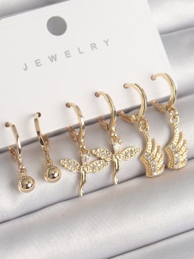 Erb Pirinç Gold Renk Sallantı Zirkon Taşlı Melek Model Kanat Detay Kadın Küpe Seti