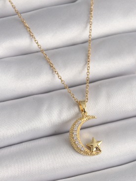 Erb 316L Çelik Gold Renk Zincir Zirkon Taşlı Hilal Model Yıldız Detay Kadın Kolye