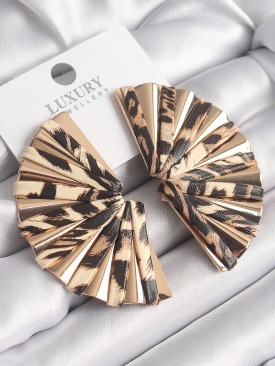 Erb Pirinç Gold Renk Leopar Desen Yelpaze Model Vintage Kadın Küpe