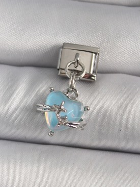 Erb 316L Çelik Gümüş Renk Sallantı Mavi Sedefli Kalp Model Nomination Charm