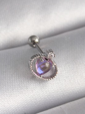 Erb 316L Çelik Gümüş Renk Mor Mineli Kalp Zirkon Taş Detay Tragus Piercing