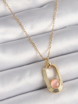 Erb 316L Çelik Gold Renk Pembe Kedi Göz Model Kadın Kolye