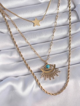 Erb 316L Çelik Gold Renk 3\'lü Zincir Göz Model Kadın Kolye