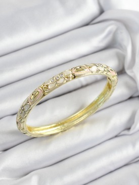 Erb Mineli Pirinç Zirkon Taşlı Beyaz Pembe Çiçek Motifli Gold Renk Kadın Kelepçe