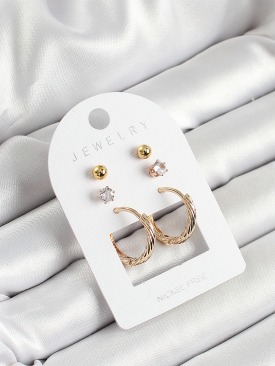 Erb Pirinç Zirkon Taş Ve Halka Figürlü Gold Renk 3\'lü Çift Kadın Küpe Set