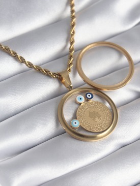 Erb 316L Çelik Gold Renk Burgu Zincir Çeyrek Figür Açılabilir Fanus Model Kadın Kolye