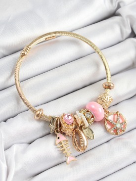 Erb 316L Çelik Pembe Zirkon Taşlı Balık Deniz Kabuğu Ve Deniz Yıldızı Model Gold Renk Charm Bileklik