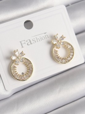 Erb Pirinç Gold Renk Zirkon Taşlı Halka Model Çiçek Figür Kadın Küpe