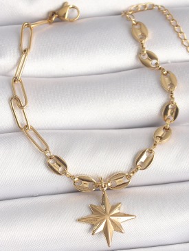 Erb 316L Çelik Gold Renk Arpa Zincir Model Sallantı Kutup Yıldız Figür Kadın Bileklik