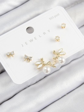 Erb Pirinç Zirkon Taşlı İnci Melek Model Gold Renk 925 Ayar Gümüş Çivi Kadın Küpe Set