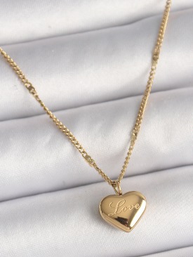 Erb 316L Çelik Gold Renk Zincir Love İşlemeli Kalp Figür Kadın Kolye