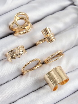 Erb Pirinç Yaprak Model Gold Renk Kadın Yüzük Kombin Set