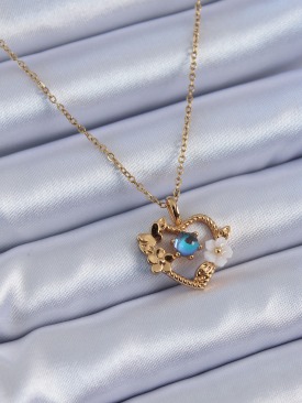 Erb 316L Çelik Gold Renk Çiçek Kalp Model Nazar Boncuk Detay Kadın Kolye