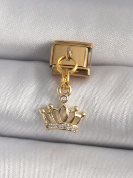Erb 316L Çelik Gold Renk Sallantı Zirkon Taşlı Taç Model Nomination Charm