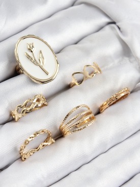 Erb Pirinç Zirkon Taşlı Lale Model Gold Renk Kadın Yüzük Kombin Set