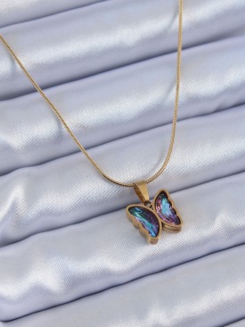 Erb 316L Çelik Gold Renk Mor Kristal Taşlı Kelebek Model Kadın Kolye