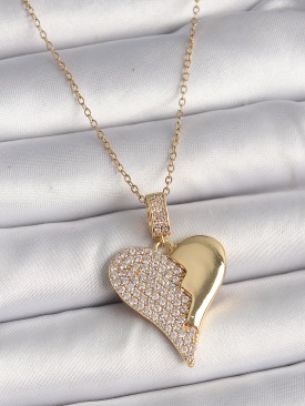 Erb 316L Çelik Gold Renk Zincir Zirkon Taşlı Kırık Kalp Model Kadın Kolye