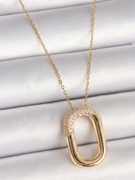 Erb 316L Çelik Gold Renk Zirkon Taşlı Oval Model Kadın Kolye