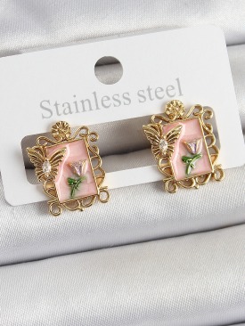 Erb Pirinç Pembe Mineli Sanatsal Portre Model Gold Renk Kadın Küpe