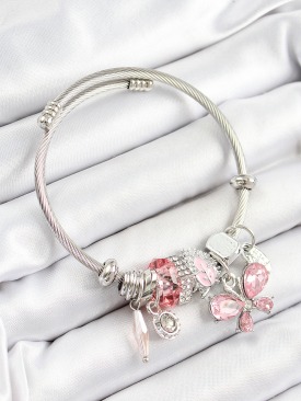 Erb 316L Çelik Pembe Zirkon Taşlı Kelebek Model Gümüş Renk Charm Bileklik
