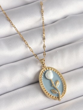 Erb 316L Çelik Gold Renk Mavi Oval Portre Model Çiçek İşleme Detay Kadın Kolye