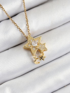 Erb 316L Çelik Zirkon Taşlı Sallantılı Yıldız Model Gold Renk Kadın Kolye