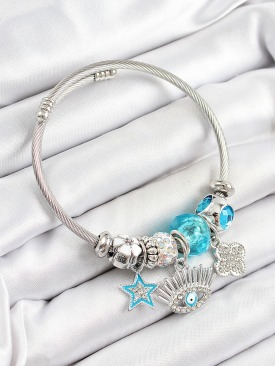 Erb 316L Çelik Mavi Zirkon Taşlı Yıldız Göz Ve Yonca Model Gümüş Renk Charm Bileklik