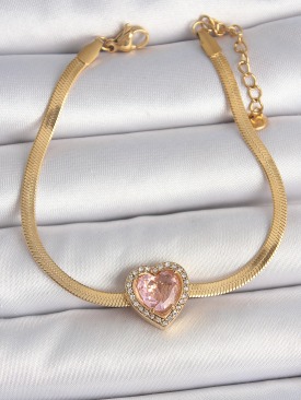 Erb 316L Çelik Gold Renk İtalyan Zincir Pembe Zirkon Taşlı Kalp Model Kadın Bileklik
