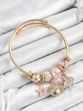 Erb 316L Çelik Pembe Zirkon Taşlı Yıldız Göz Ve Yonca Model Gold Renk Charm Bileklik