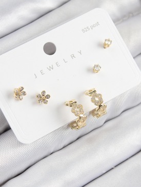 Erb Pirinç Zirkon Taşlı Halka Model Gold Renk 925 Ayar Gümüş Çivi Kadın Küpe Set