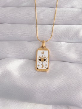 Erb 316L Çelik Gold Renk Beyaz Mineli Göz Figür Tarot Kolye