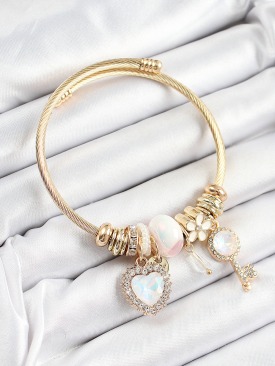 Erb 316L Çelik Beyaz Zirkon Taşlı Anahtar Ve Kalp Model Gold Renk Charm Bileklik