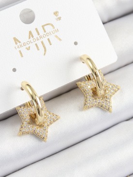 Erb Pirinç Zirkon Taşlı Yıldız Figürlü Halka Model Gold Renk Kadın Küpe