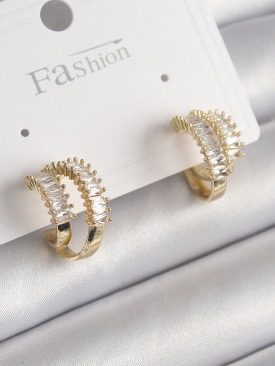 Erb Pirinç Gold Renk 2\'Li Zirkon Taşlı Halka Model Kadın Küpe