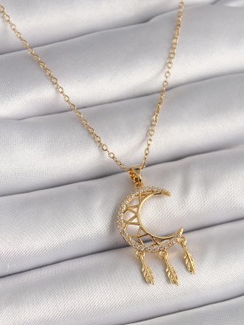 Erb 316L Çelik Gold Renk Zincir Zirkon Taşlı Hilal Model Sallantı Yaprak Detay Kadın Kolye