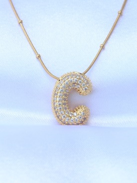 Erb 316L Çelik Zincirli Zirkon Taşlı C Harfli Gold Renk Bubble Kolye