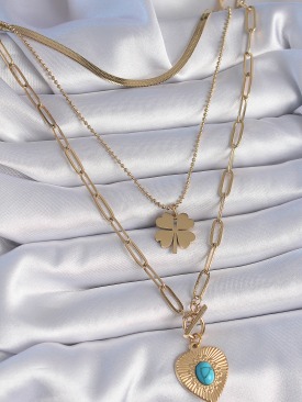 Erb 316L Çelik Gold Renk 3\'lü Zincir Yonca Figür Kadın Kolye